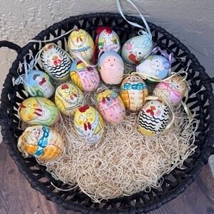 Vintage Hand Painted 16 Easter Egg Ornaments Farm Animal Folk Art Decor Set